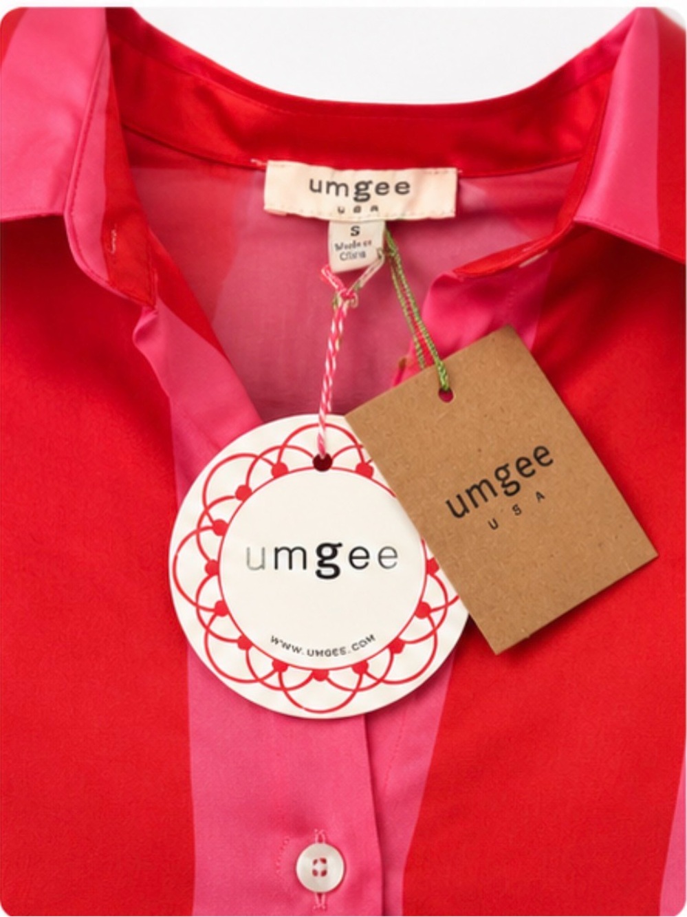 NWT Umgee Pink Red Stripe Satin Button Front Blouse Small Hi-Low